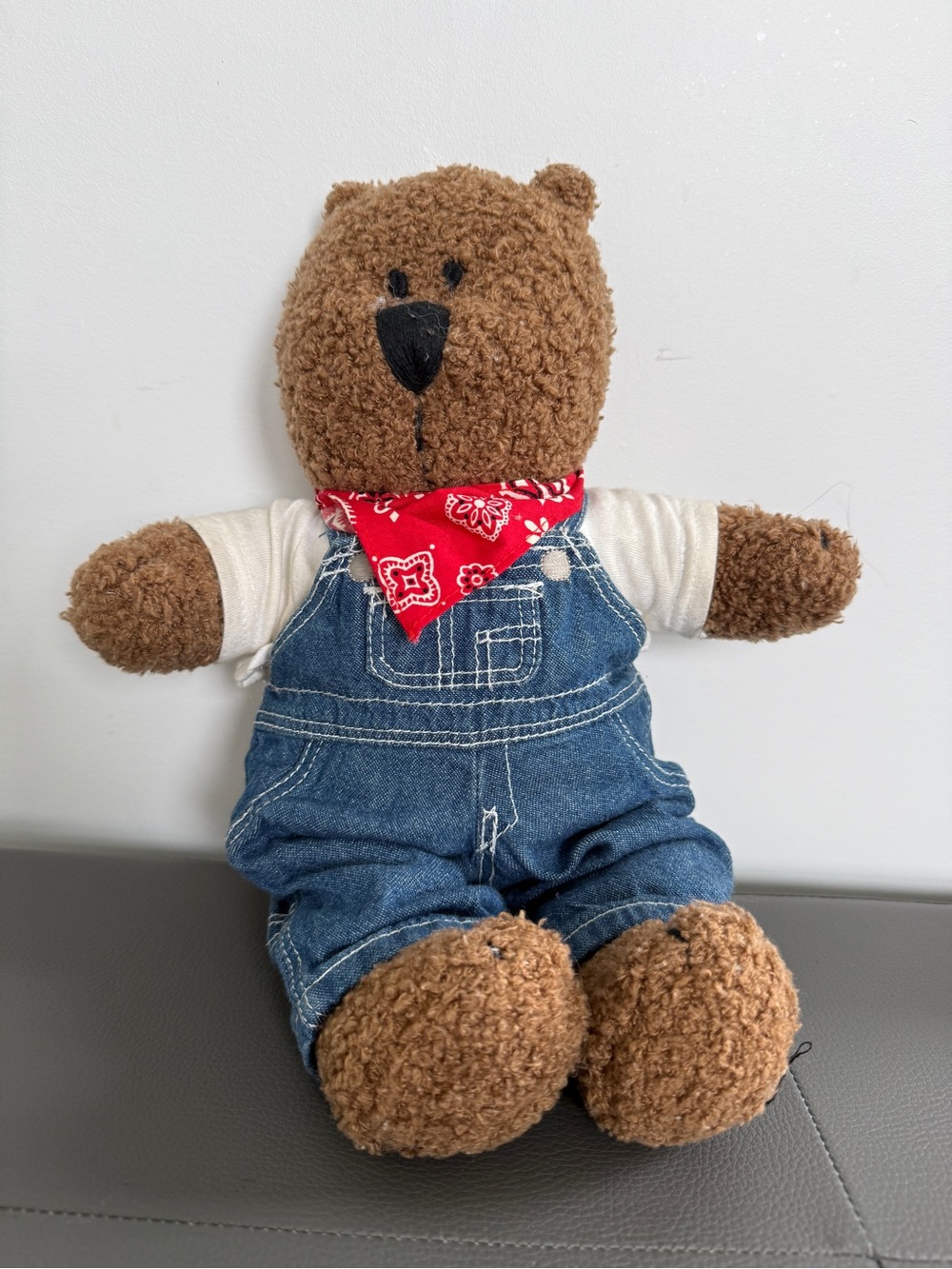 as new yet vintage GAP Baby Brown fuzzPlush Bear Blue Denim Overalls Red Bandana